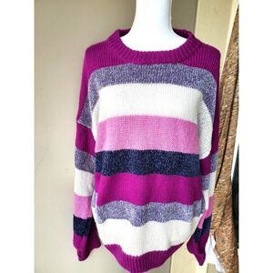 ee:some Sweater Womens Medium Large Purple Pink Navy Cream Striped Pullover Knit